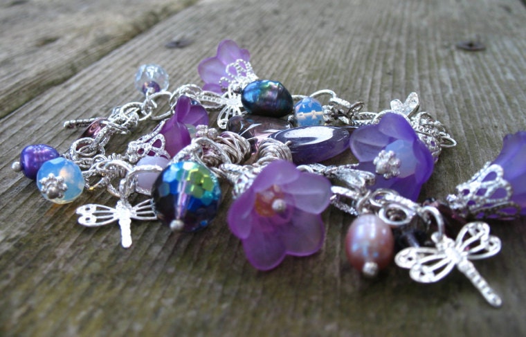 Dragonfly Flower Garden, Purple and Silver Charm Bracelet