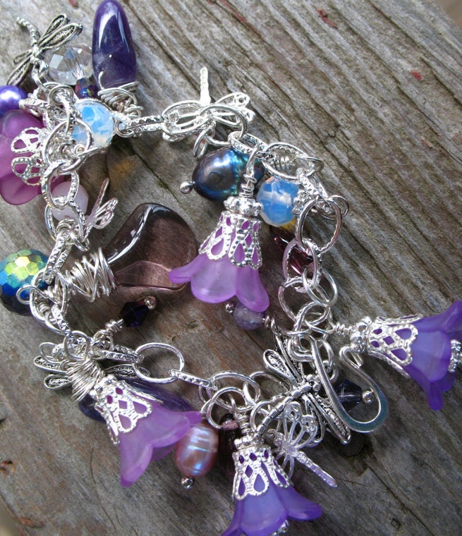 Dragonfly Flower Garden, Purple and Silver Charm Bracelet