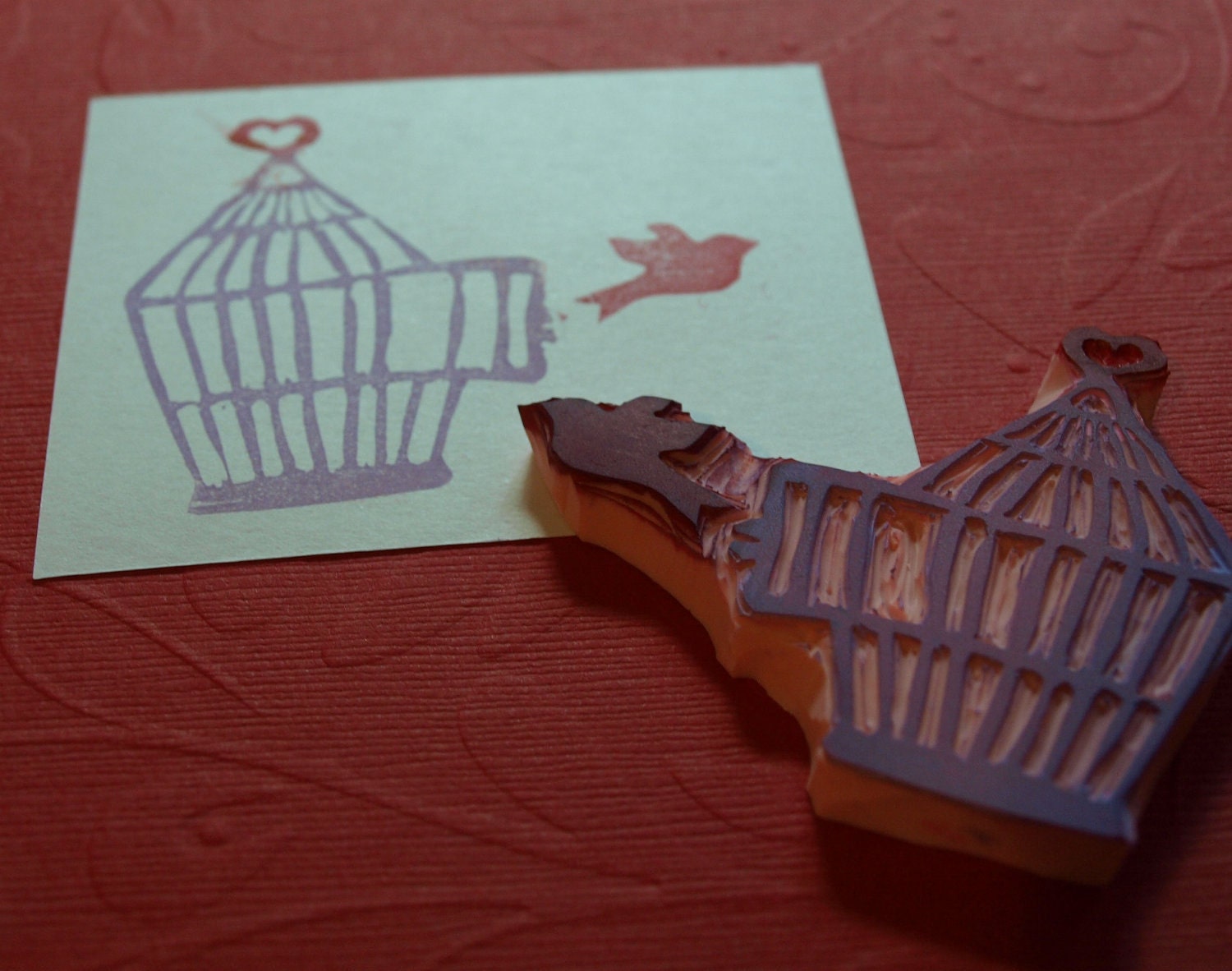 Bird Flying out of Birdcage Rubber Stamp Hand Carved Scrapbooking Card Paper Embellishment Supply