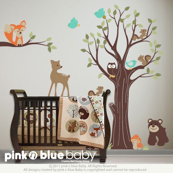 Adorable Animal Friends with Tree - Nursery Wall Sticker Decal