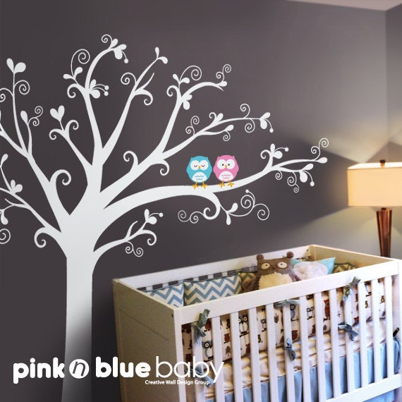 Wall Decals Baby Nursery Decor : Owls & lovely tree - Nursery Wall Decal