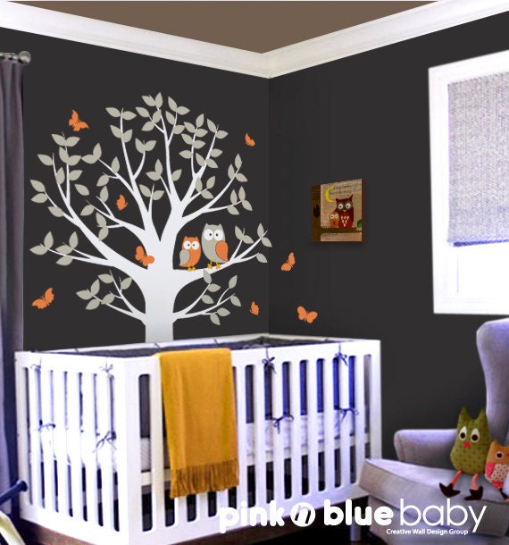 Owls Tree and Butterflies - Nursery Wall Decal Sticker