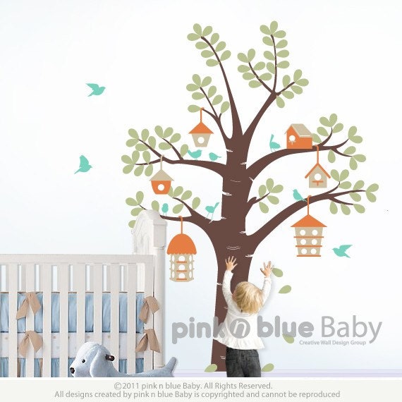 Vinyl Wall Decal, The Bird Houses and Tree - Nursery Kids Removable Wall Vinyl Decal