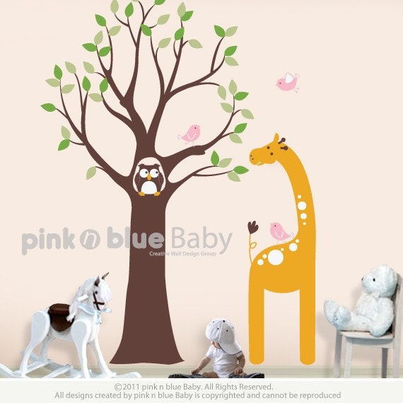 Owl Tree and Giraffe - Nursery Kids Removable Wall Decal , Wall Decor