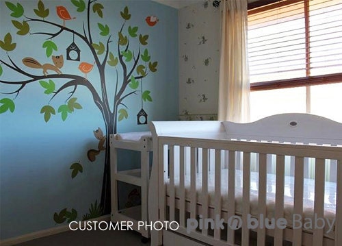 Children Wall Decal, Birds and Bird Houses with Tree - Nursery Decal