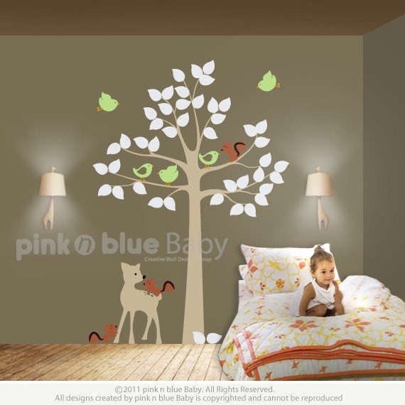 Tree Decal, Deer, Squirrel , Nursery Wall Decal, Kids Wall Decal, Sticker Decor
