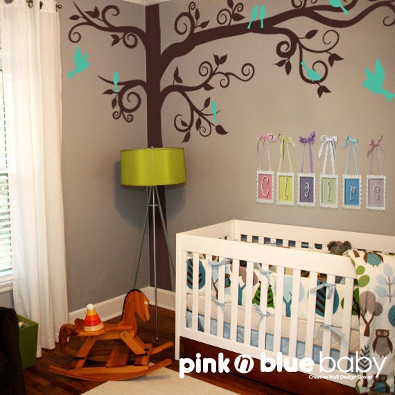 Baby Nursery Kids Wall decor : Big Giant Swirly Tree with birds - Nursery Baby Kids Wall Decal