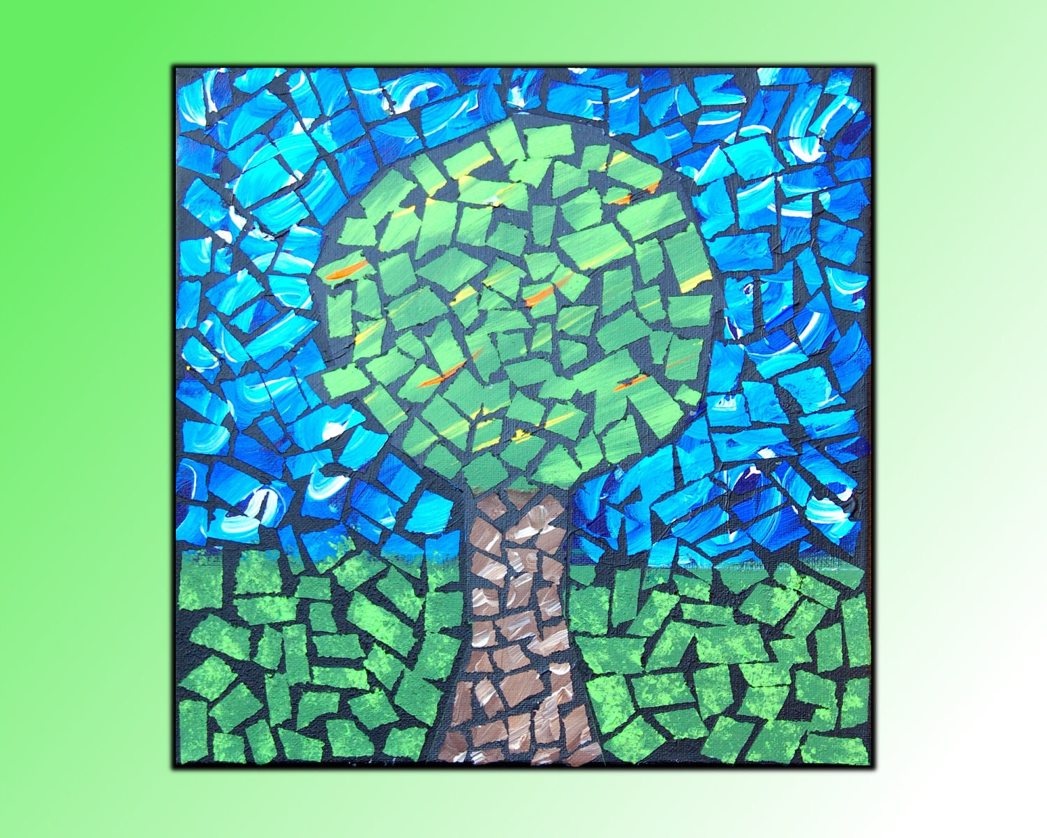 Mosaic Tiled Tree - Painted, Acrylic, Blue, Green, Black, Landscape, Home Decor, 12 x 12