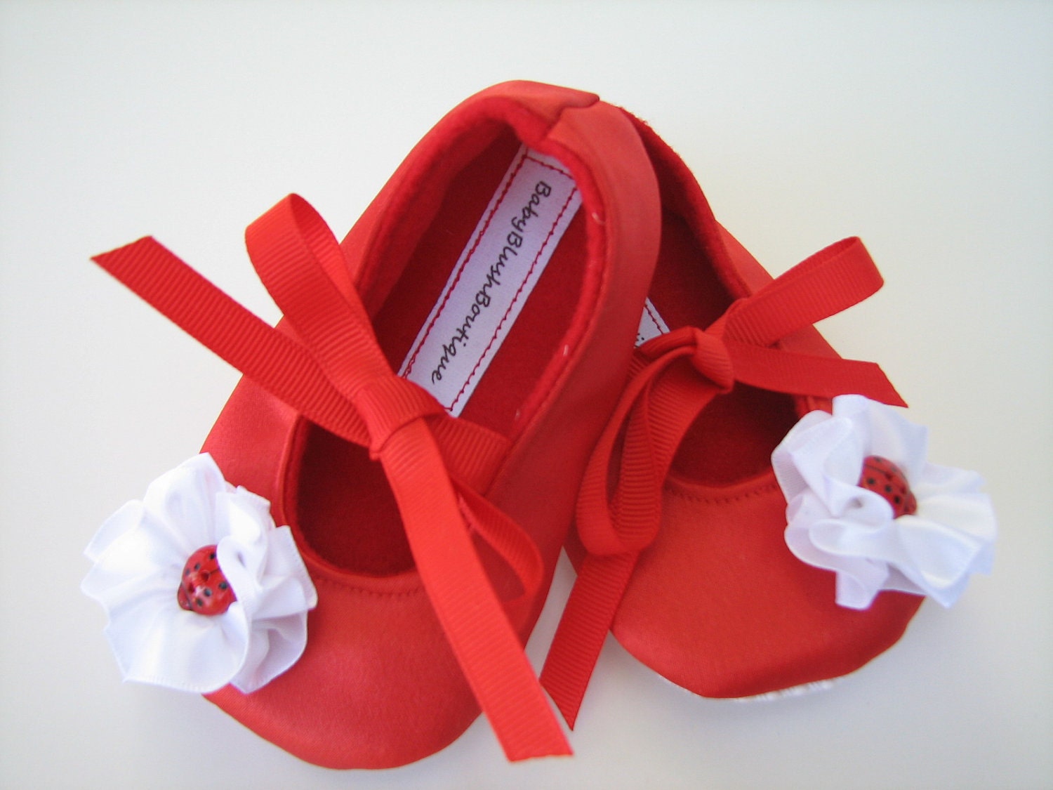 Red Satin Ladybug Baby Shoes - Soft Ballerina Slippers Baby Booties