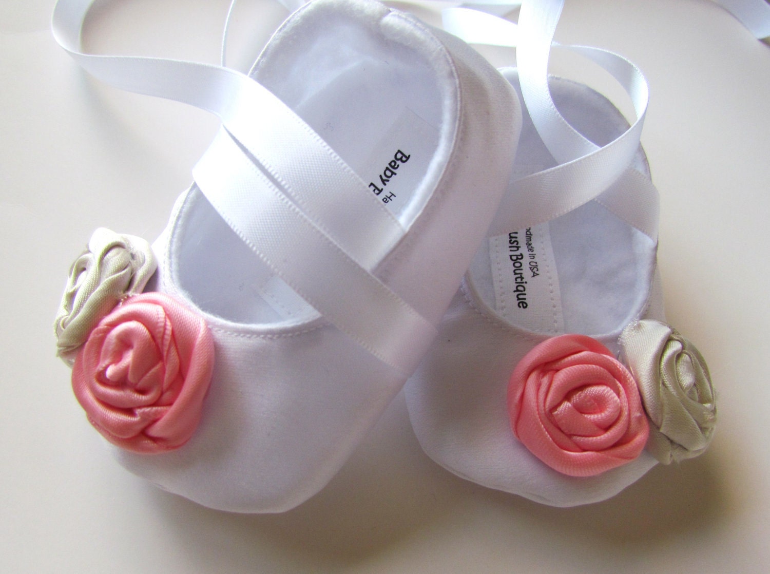 Satin White Baby Shoes with Rosettes Soft Ballerina Slippers Baby Booties