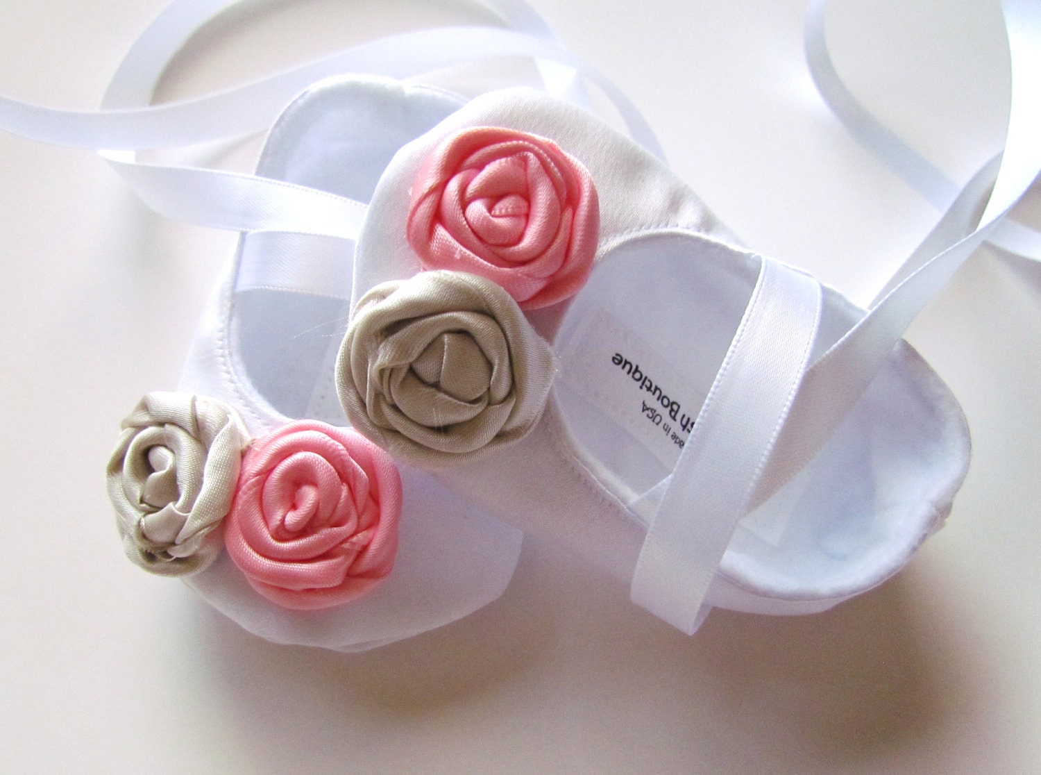 Satin White Baby Shoes with Rosettes Soft Ballerina Slippers Baby Booties