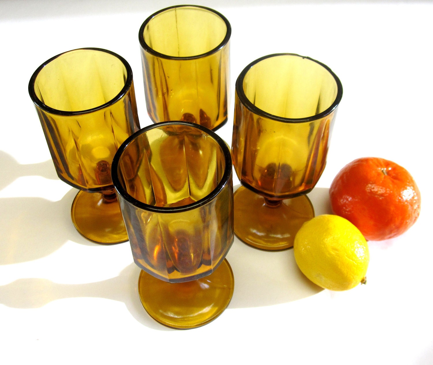 70s Modern Set Of Four Amber Glasses Footed Tumblers