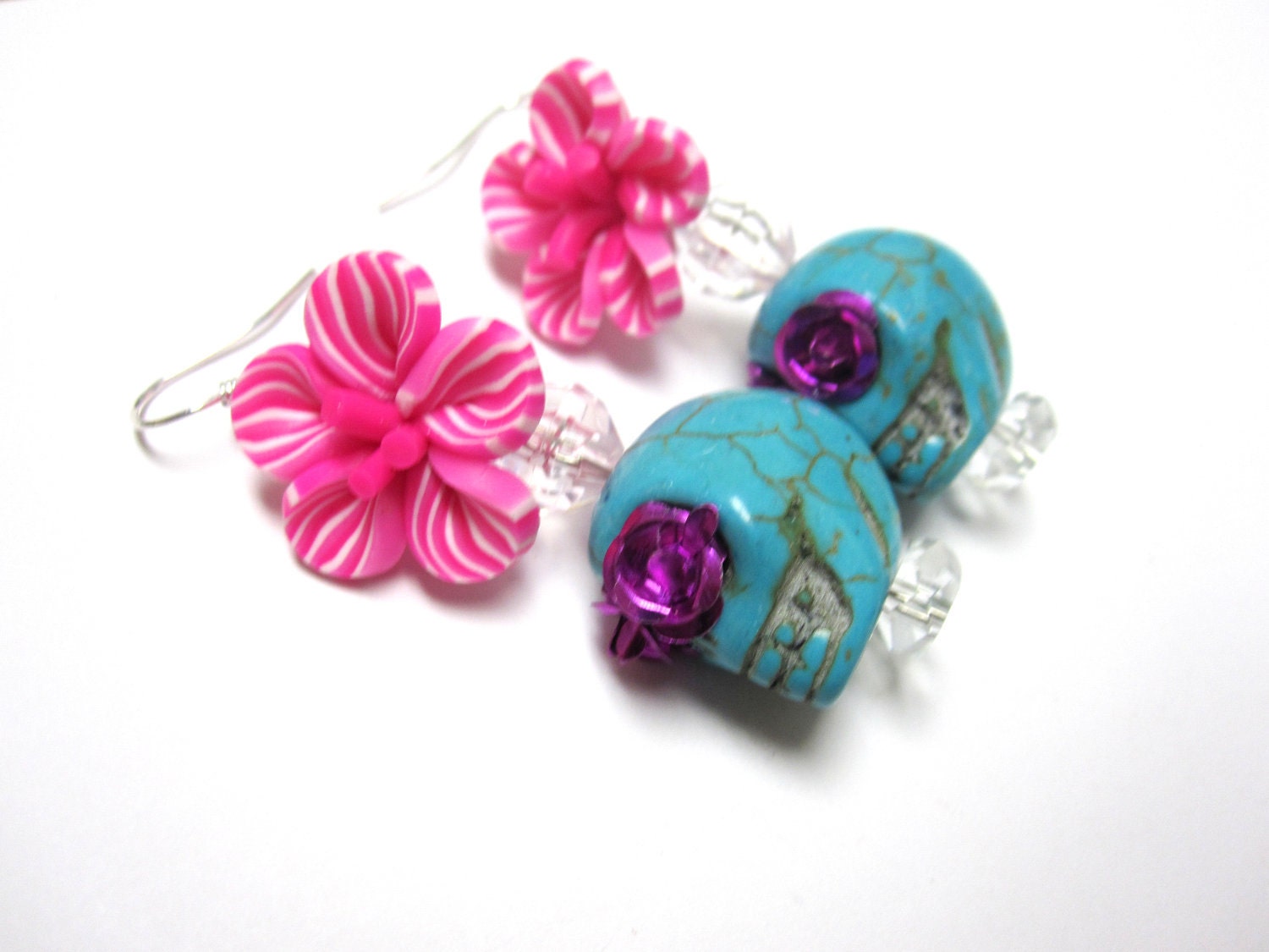 Rockabilly Sugar Skull Earrings Flor de Muertos Day of the Dead Earrings Jewelry Hot Pink & Turquoise Blue