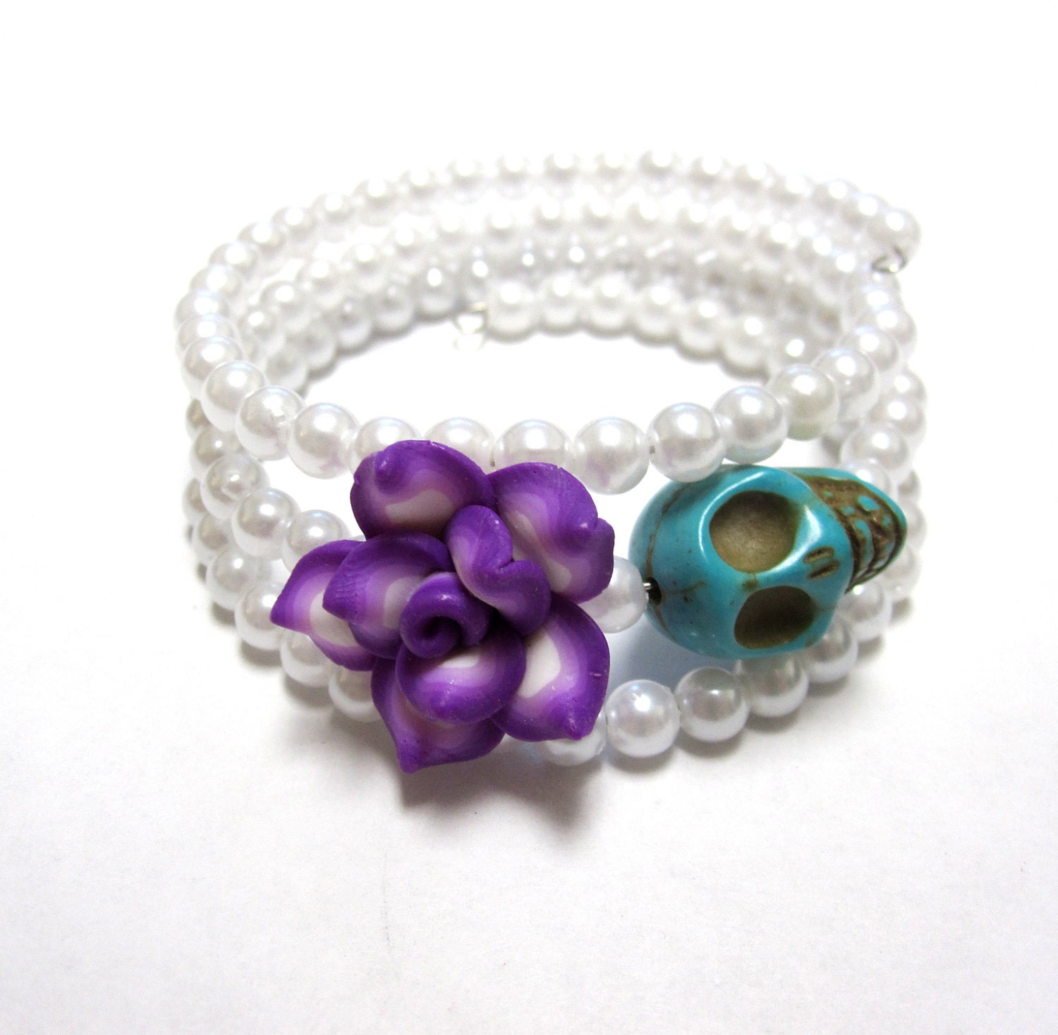 Turquoise Blue Purple Rose Day of the Dead Bracelet Sugar Skull Wrap Bracelet White Faux Pearl