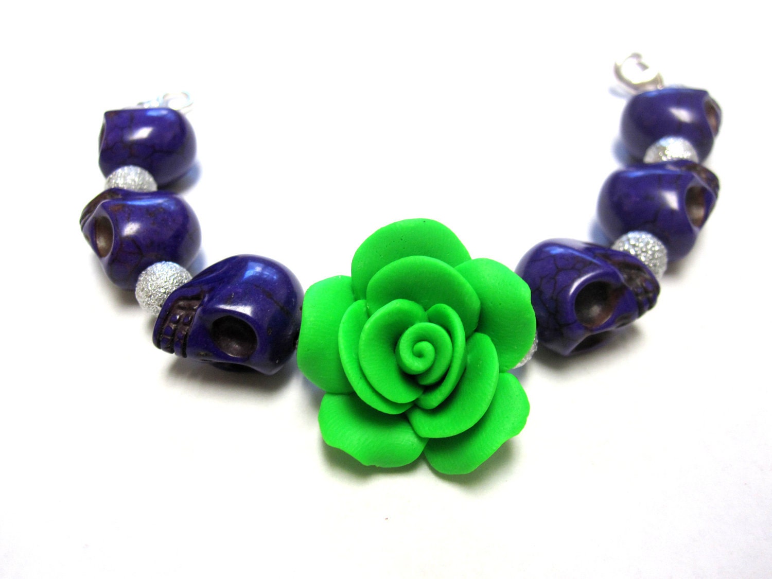 Deep Purple Lime Green Rose Day of the Dead Strand Bracelet Sugar Skull Jewelry