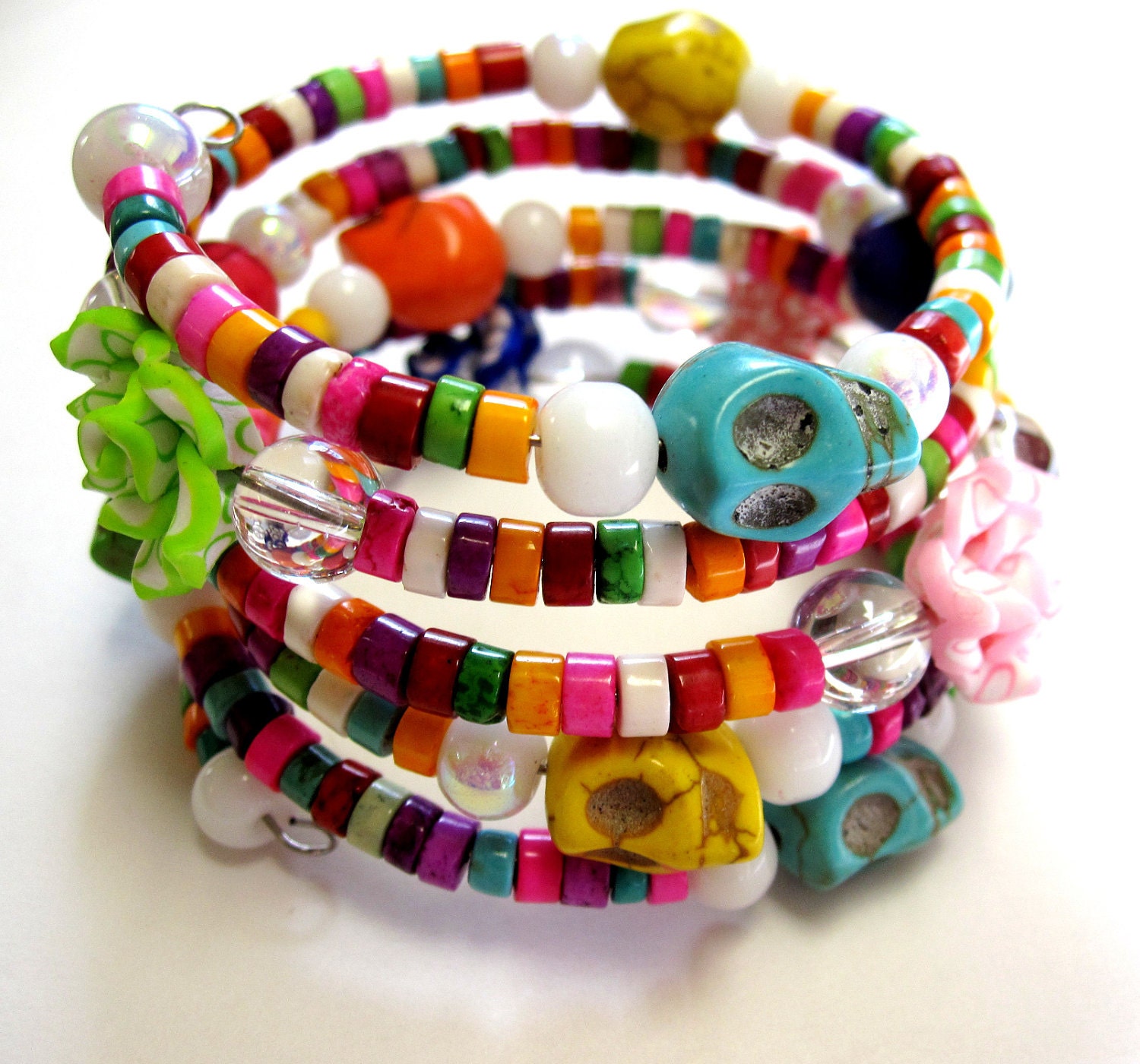 Day of the Dead Bracelet Roses and Sunshine Sugar Skull 5 Loop Cuff