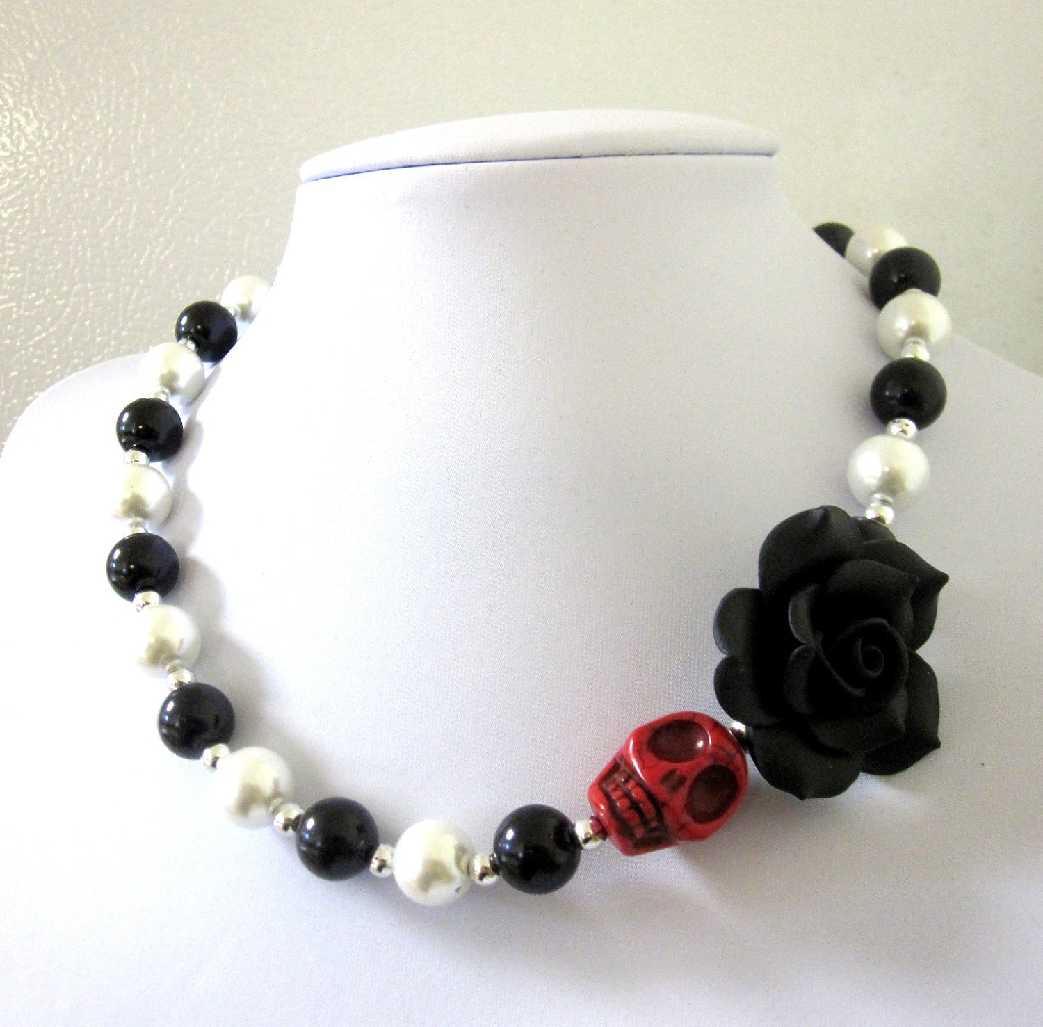 Day of the Dead Jewelry Sugar Skull Necklace Black Rose Red White Pearls