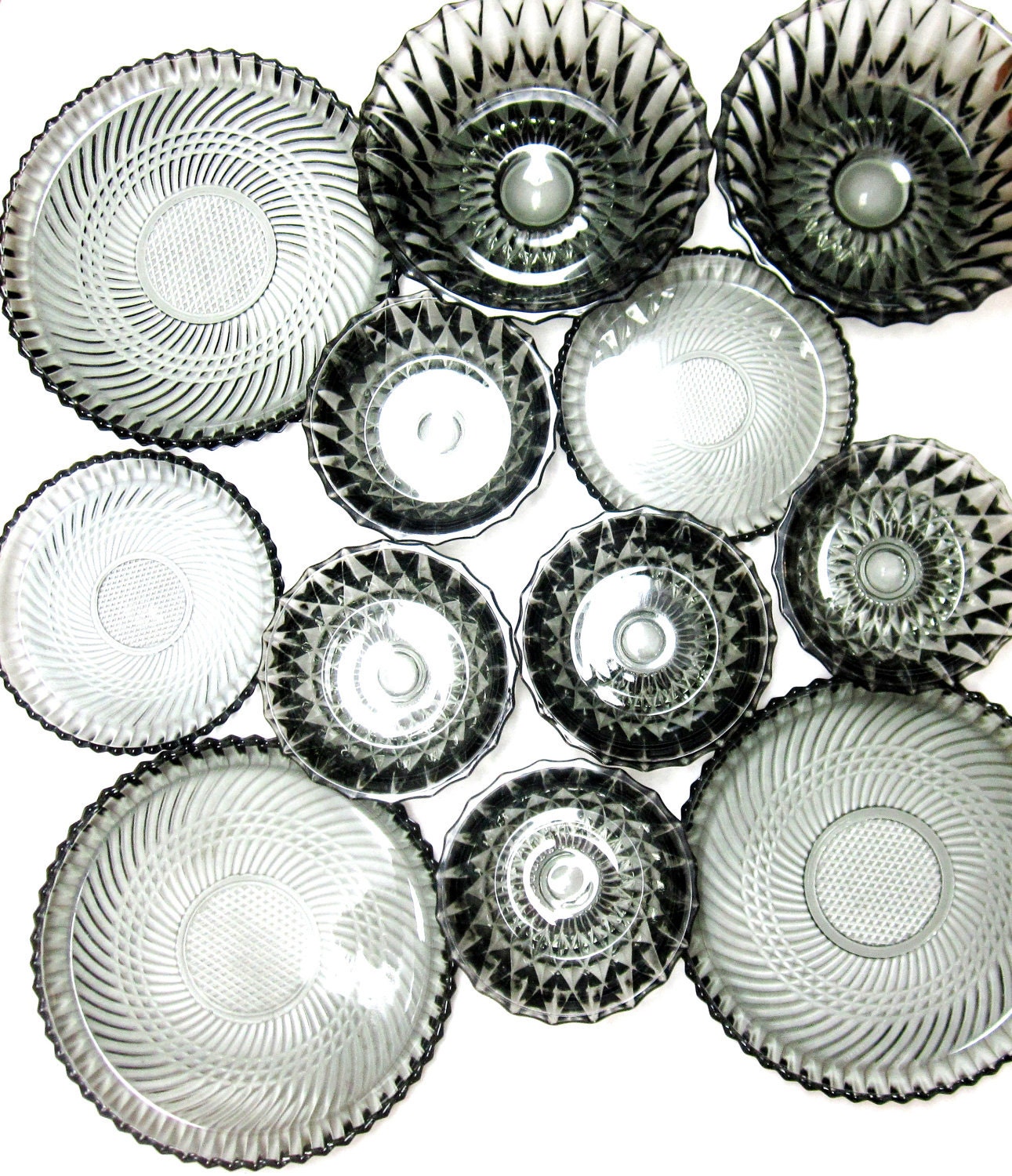 Smoke Black Glass Serving Set 12Pc Industrial Chic Bowl Dish Tray Platter Huge Set