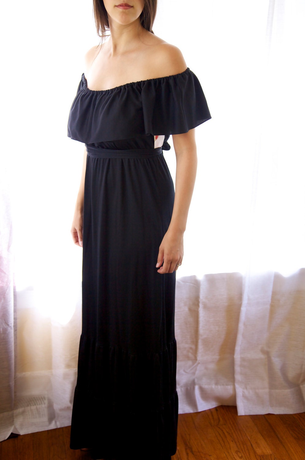 Vintage 1970's Off-the-shoulder Black Maxi Dress