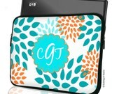 Custom LAPTOP MACBOOK Sleeve Blue Orange Floral Teal Monogram 11" 12" 13" 14" 15" - Personalized Monogram - Design Printed on Front AND Back