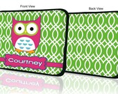 Custom LAPTOP MACBOOK Sleeve Green Pattern Owl Name Monogram 11" 12" 13" 14" 15" - Personalized Monogram - Design Printed on Front AND Back