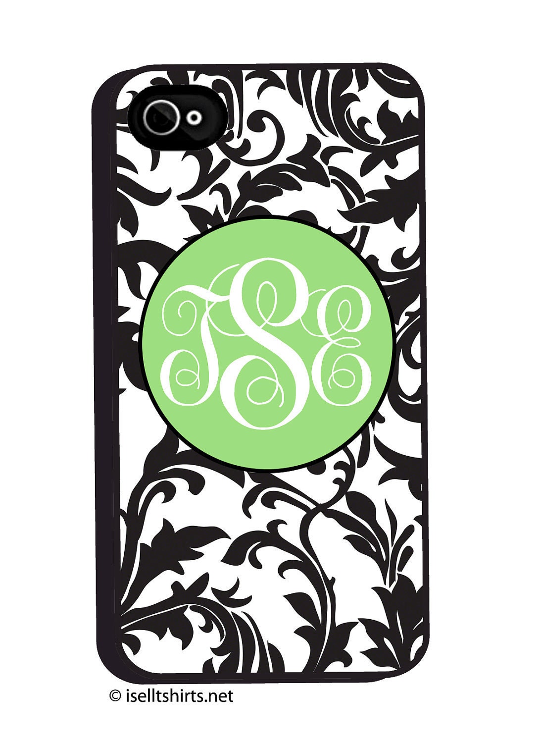Monogram iPhone 5 4 4S Phone Case Cover - NO METAL Insert - Black Damask Swirl Toile Green Circle - 3 Letter Initials - Personalized Custom