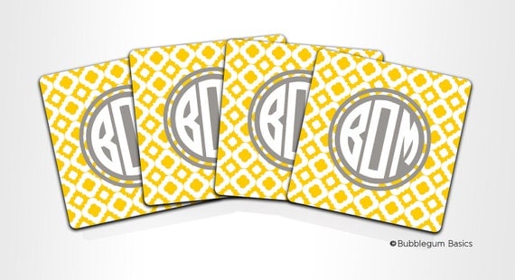 Custom PERSONALIZED Monogram COASTERS - Set of 4 - Yellow Gray Lattice Geometric Pattern - any color name initials