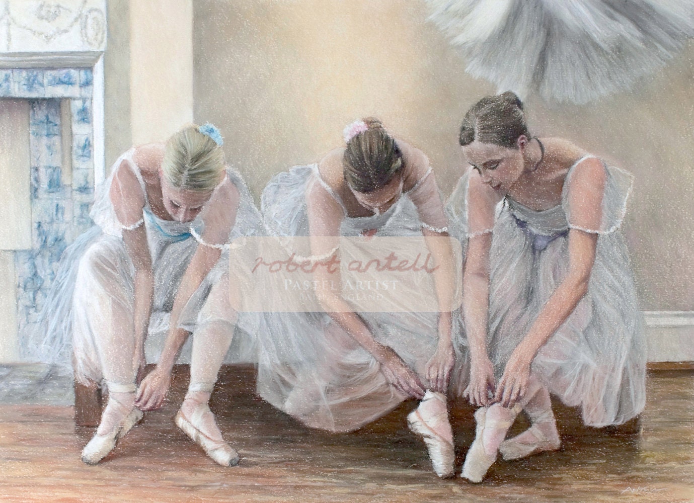 Ballerinas tying pointe shoes signed limited edition giclee ballet print from pastel drawing. Fits IKEA frames