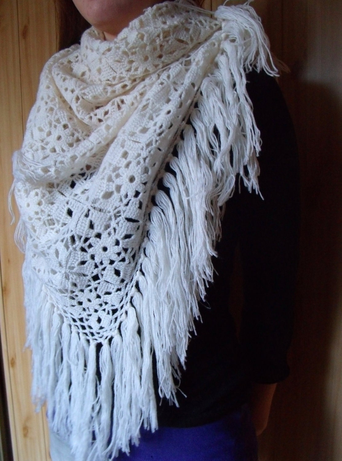 Hand crochet white triangle scarf shawl wrap