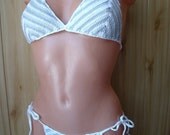 Hand crochet gray and white chevron stripe pattern bikini