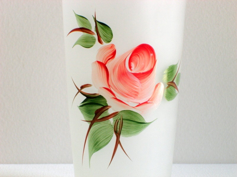 Hazel Atlas Frosted Glass Tumblers (2) with Pink Roses
