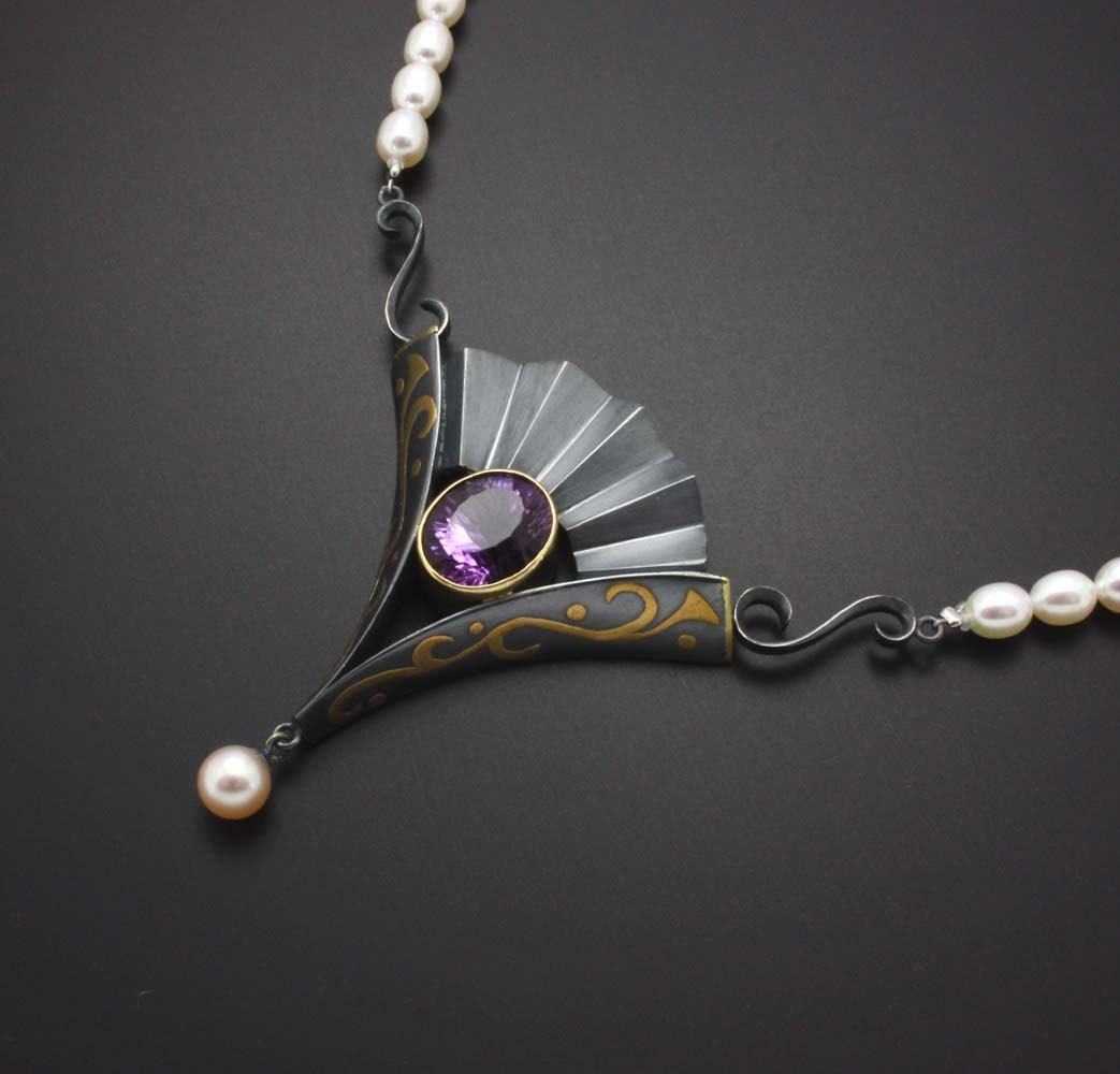 Amethyst, black silver and gold pendant with pearl necklace