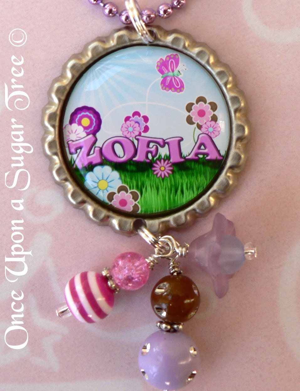 PERSONALIZED Custom Name Spring Flower Butterfly Bottle Cap Bottlecap Pendant Necklace Gift Present by Once Upon a Sugar Tree