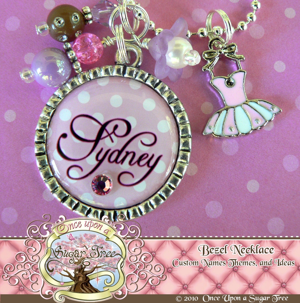 BALLERINA NECKLACE, Pink White Polka Dot Personalized Bezel Pendant Necklace, Ballet, Dance Recital, Tutu, Dance, Dancer, Birthday Gift