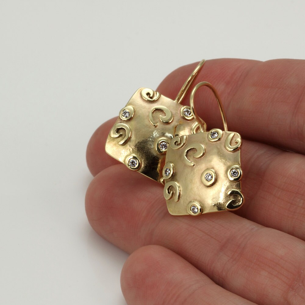 Cubic Zirconia yellow Gold earrings, hanging gold earrings