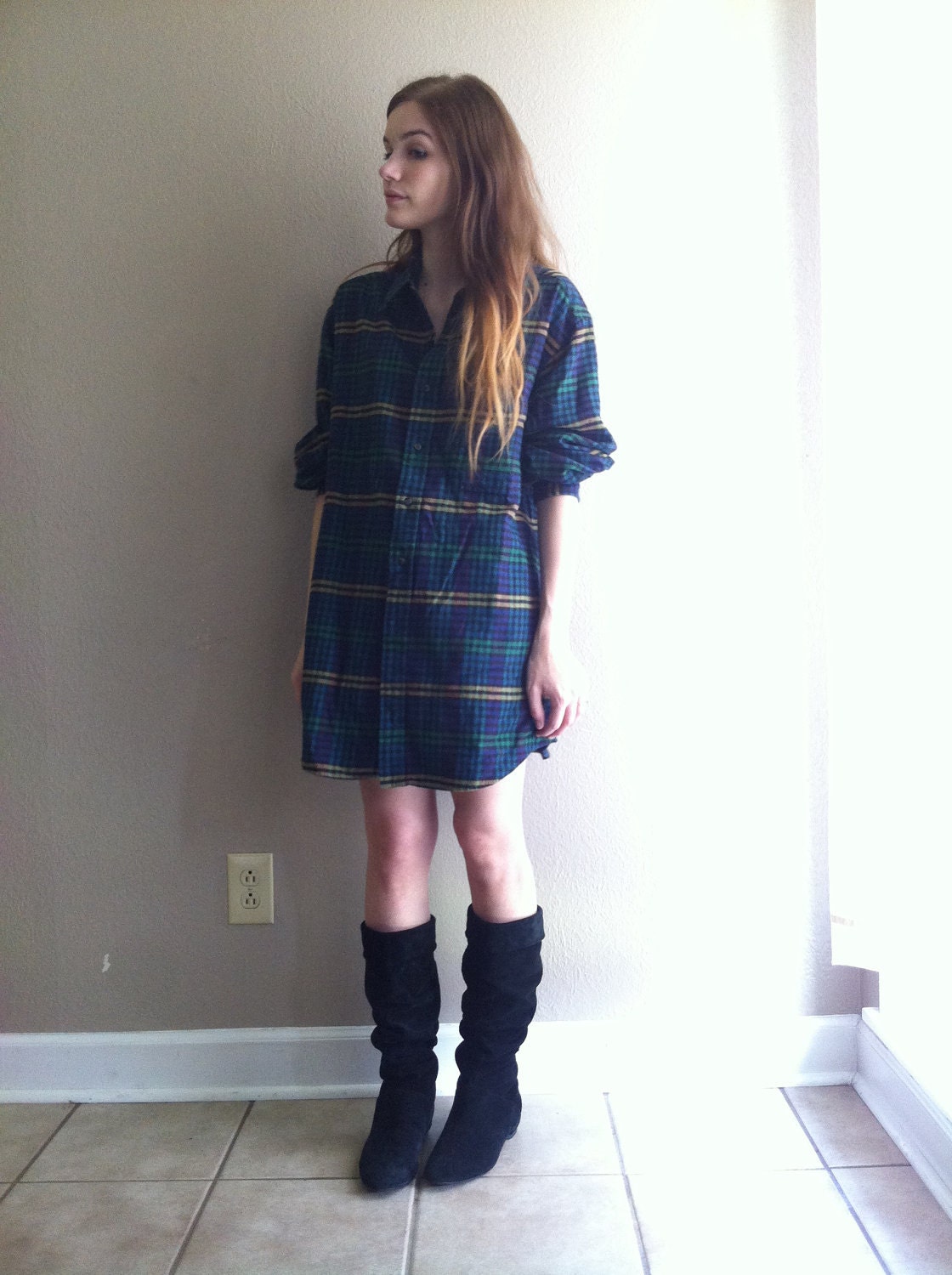 plaid button up in green, yellow, and blue