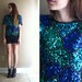 new vintage small black sequin top in blue puzzle design with silver beads- SALE