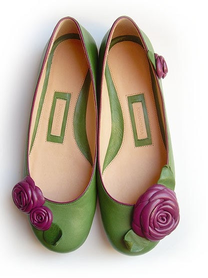 Leather Ballerina Shoe with leather roses - Handmade - 100% genuine leather - green&purple