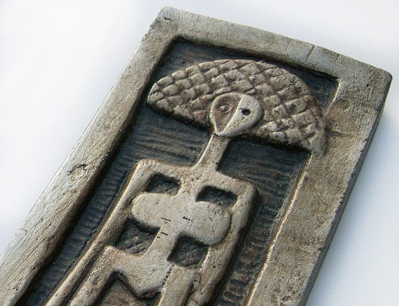 petroglyph wall hanging - female figurine - abstract wall hanging - ceramic tribal art - home decor - silver wall art