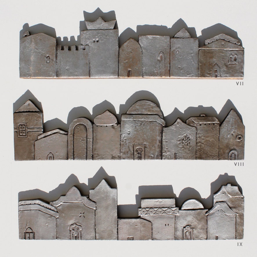tile- wall art - miniature houses -home decor - textured tile - silver tile - hand made - interior design - 'pueblo 9'