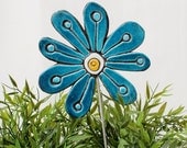 Abstract Flower sculpture -  home decor - garden sculpture - ceramic and metal - garden art - plant stake - daisy deep turquoise