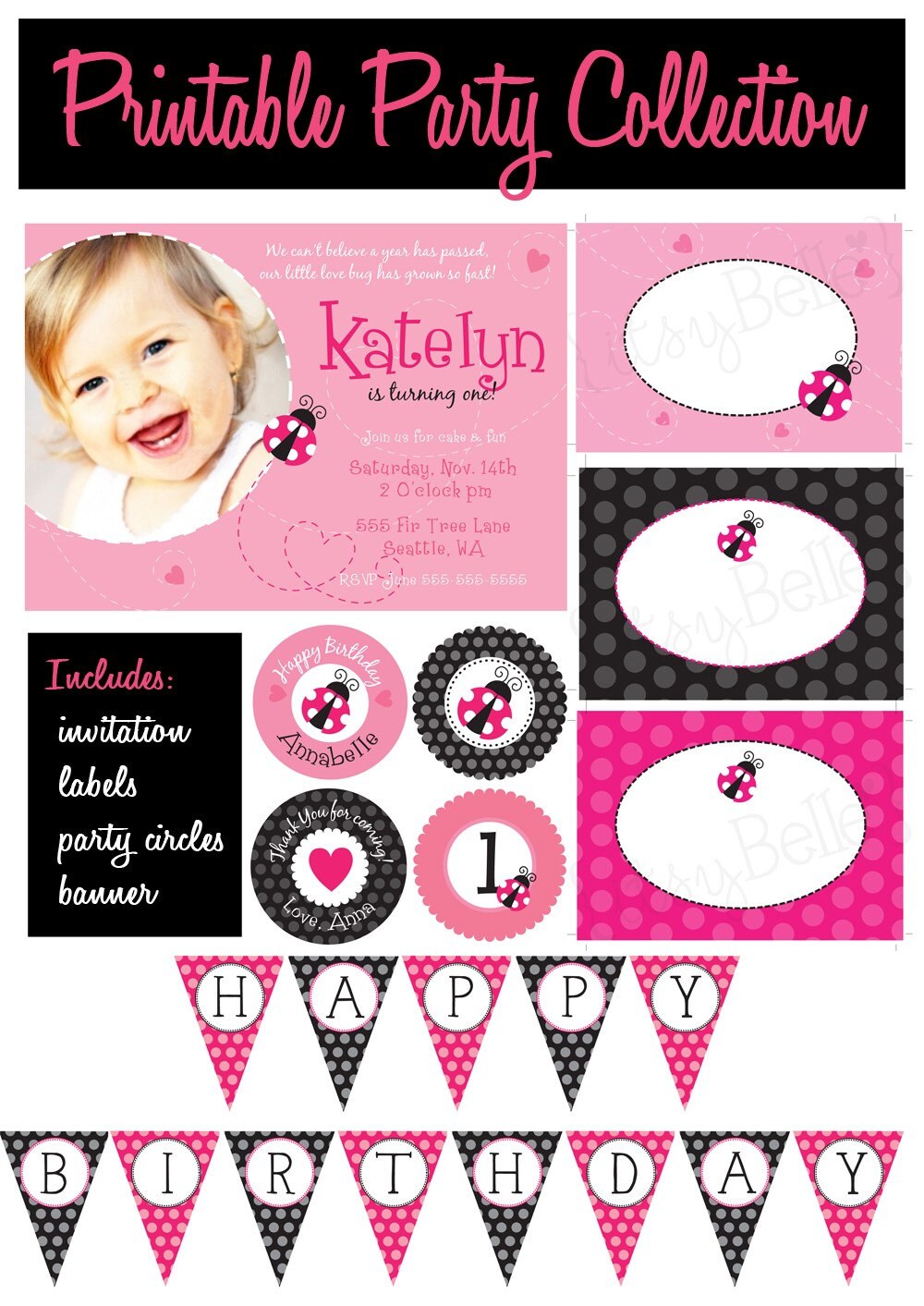 Pink Lady Bug Collection - PRINTABLE PARTY PACKAGE by Itsy Belle Il_570xn