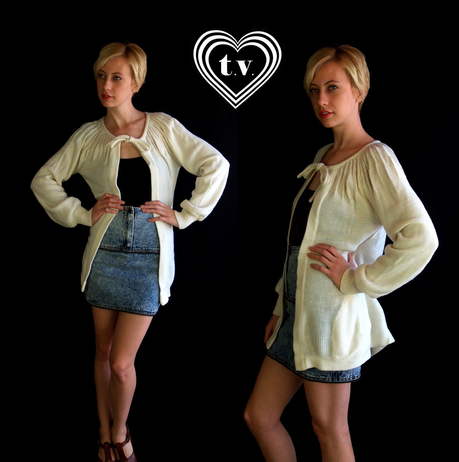vtg 70s Cream NECK TIE draped swingy SWEATER knit cardigan Small boho hippie