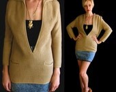 vtg 60s Camel PLUNGING Neiman Marcus SWEATER knit jumper Medium mod boho avant garde