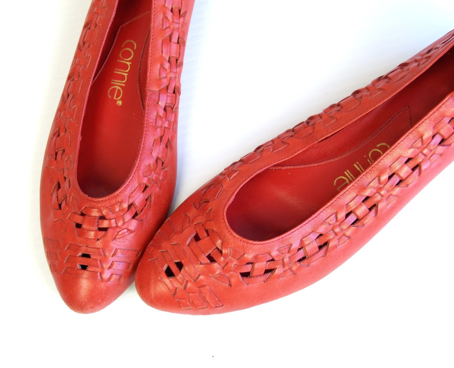 vtg 70s Cherry Red Leather WOVEN cut out BOHO FLATS festival shoes 7.5 hippie
