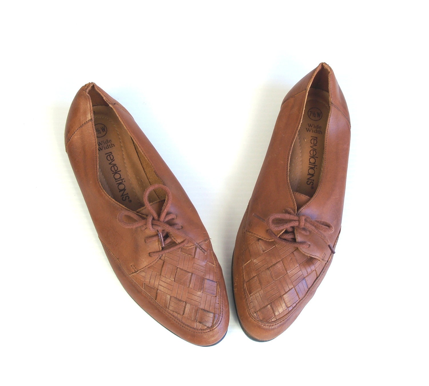 vtg 80s Brown Leather WOVEN lace up PREPPY OXFORDS flats shoes 7.5 boho southwestern
