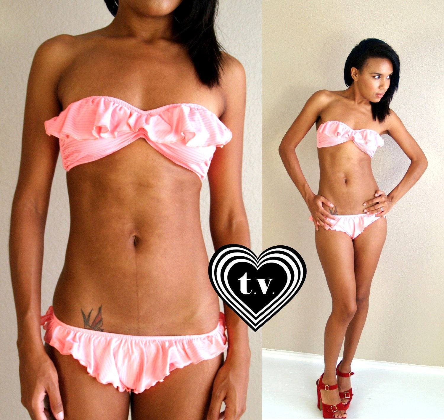 vtg 80s Barbie neon HOT PINK Ruffle BIKINI swimsuit Small/med swim bathing suit