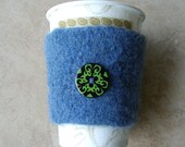 Coffee cup cozy coozie sleeve denim blue reusable hand knit and felted with decorative button