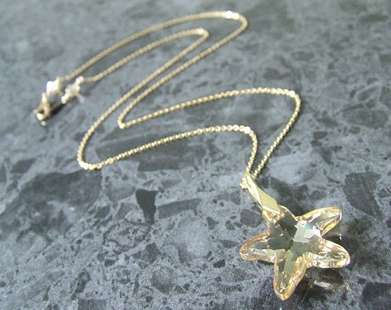Swarovski Starfish Pendant Necklace 14k Gold Fill Golden Shadow Crystal Vermeil Vegan Jewelry