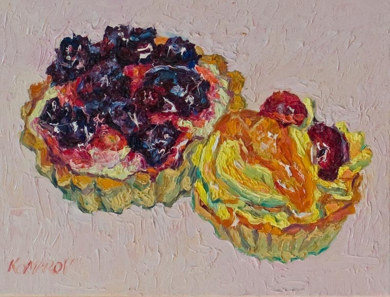 Fruit cream tart dessert, original oil on canvas painting, 18 x 24 cm, 7" x 9" in.